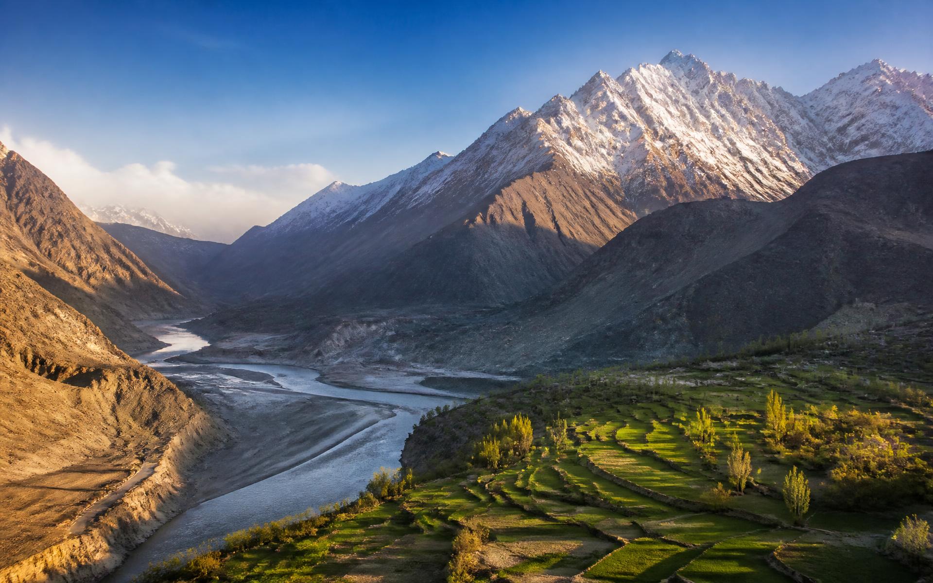 Mountain valley in Gilgit-Baltistan at golden hour