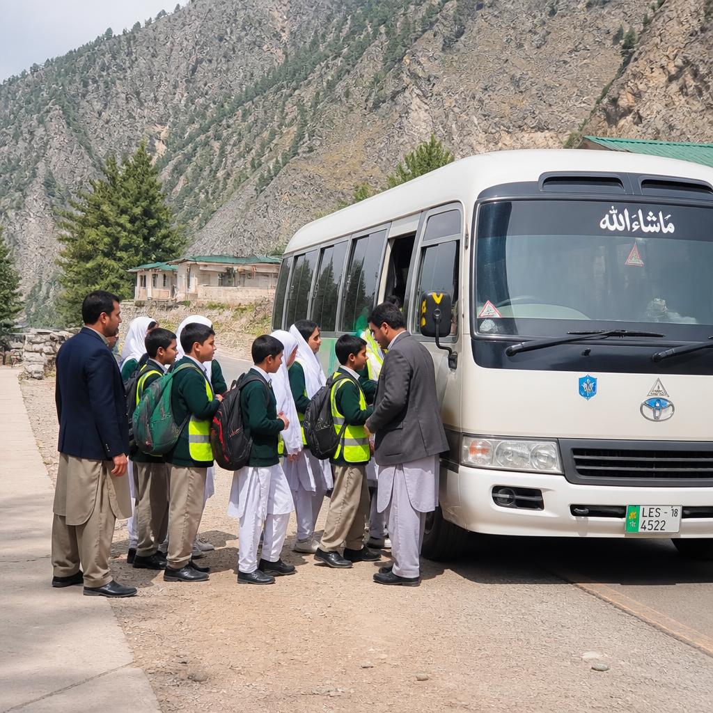 Students and teachers boarding a coaster for a school trip in northern Pakistan